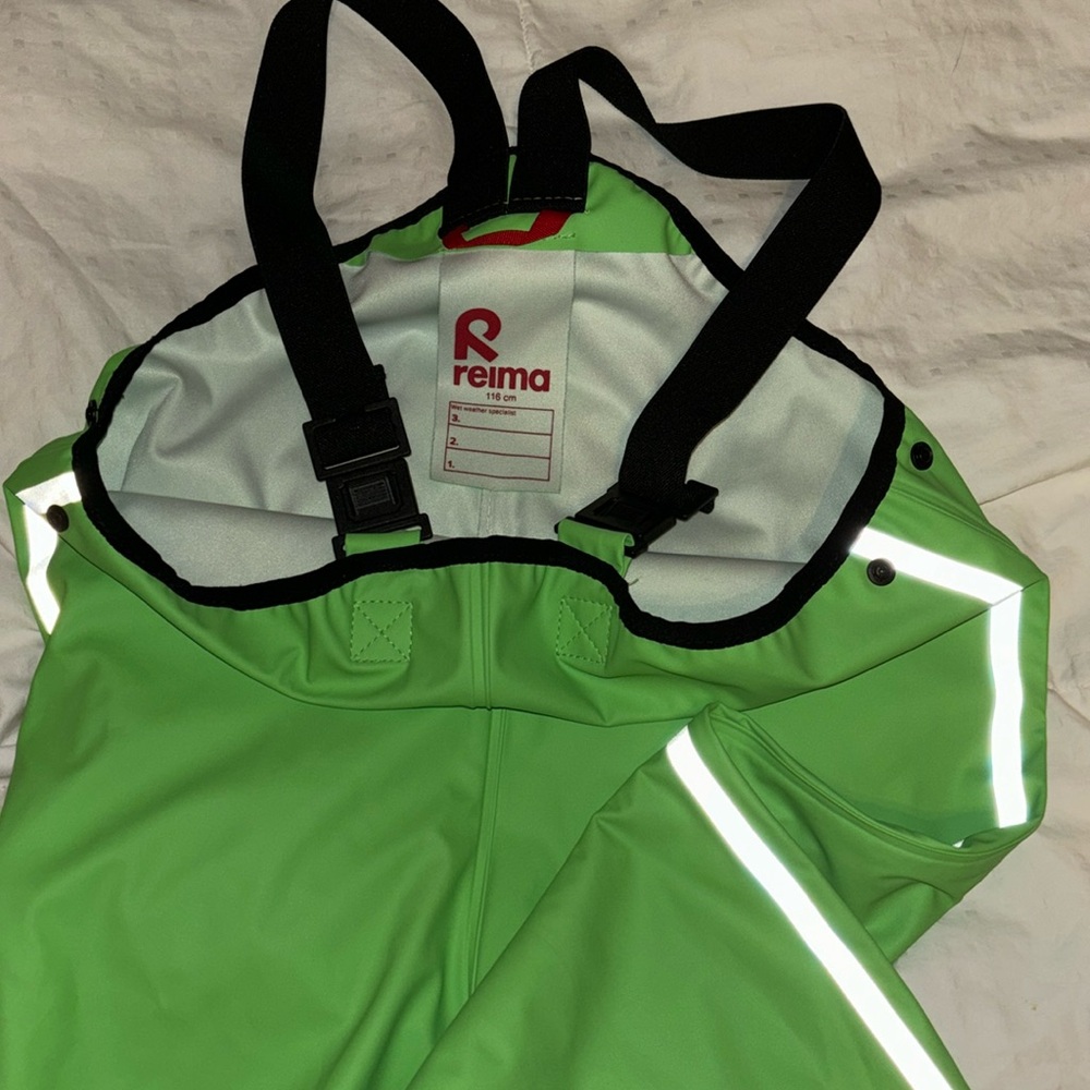 reima green rain bibs or pants - MISSING FOOT STIRRUPS